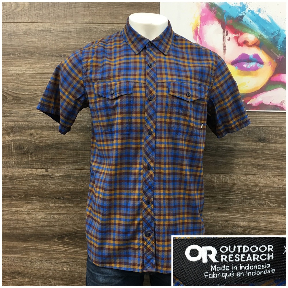Outdoor Research Mens Wanderer SS Shirt XL Blue Gold Plaid Hiking Textured